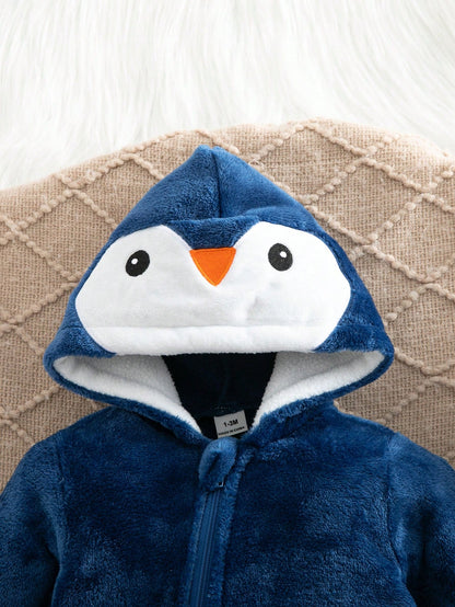 Navy Blue Cute Penguin Print Embroidered Newborn Comfortable Thick Fleece Long Sleeve Long Pants Romper Loungewear, Suitable For Autumn/Winter Wear