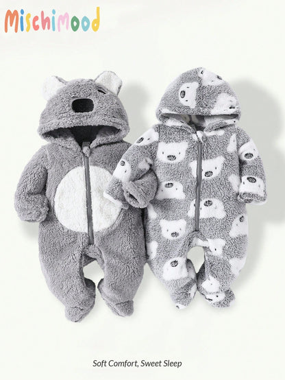 Navy Blue Cute Penguin Print Embroidered Newborn Comfortable Thick Fleece Long Sleeve Long Pants Romper Loungewear, Suitable For Autumn/Winter Wear
