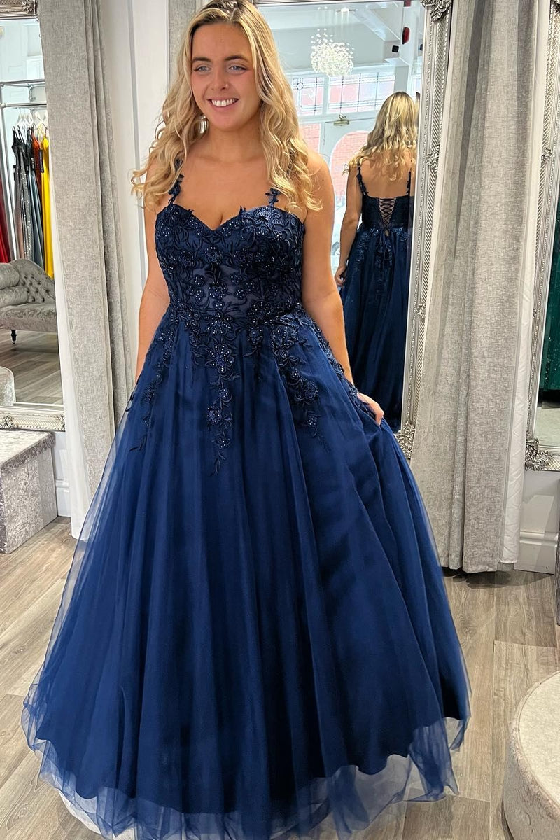 Navy Blue Lace Straps A-line Long Formal Dress