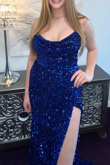 Navy Blue Sequin Mermaid Cowl Neck Long Prom Dress