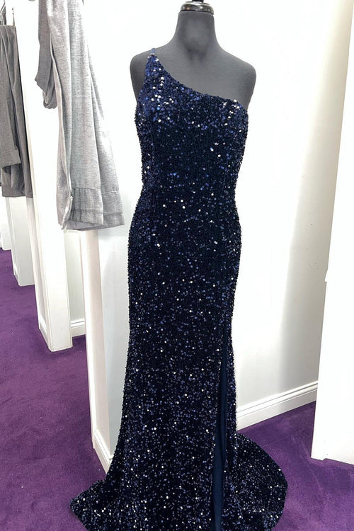 Navy Blue Sequin One Shoulder Mermaid Long Formal Dress