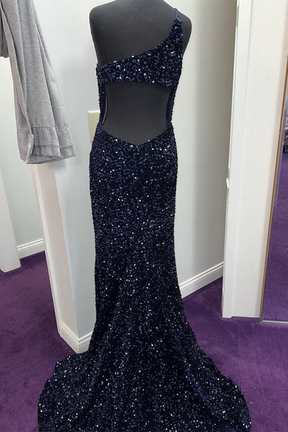 Navy Blue Sequin One Shoulder Mermaid Long Formal Dress