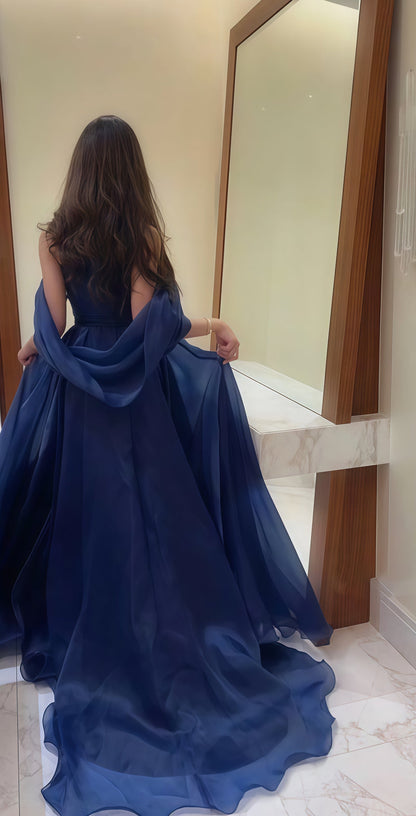 Navy Blue Strapless Organza Prom Dress, A-Line Evening Party Dress,AST1718