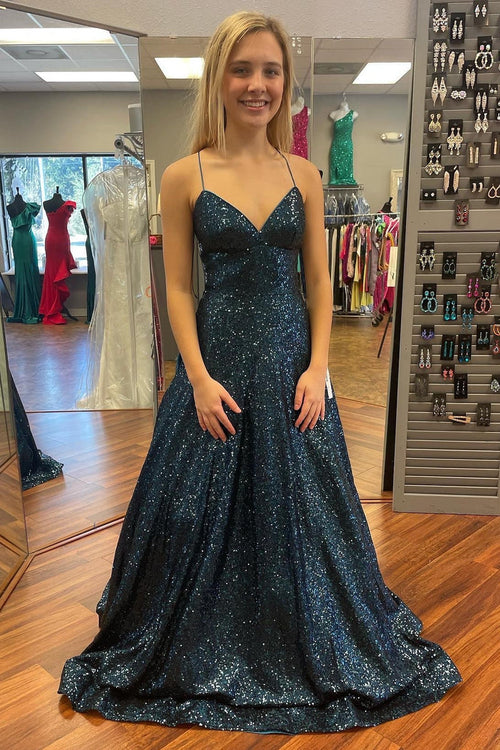 Navy Sequin Straps A-line Long Formal Dress with Straps