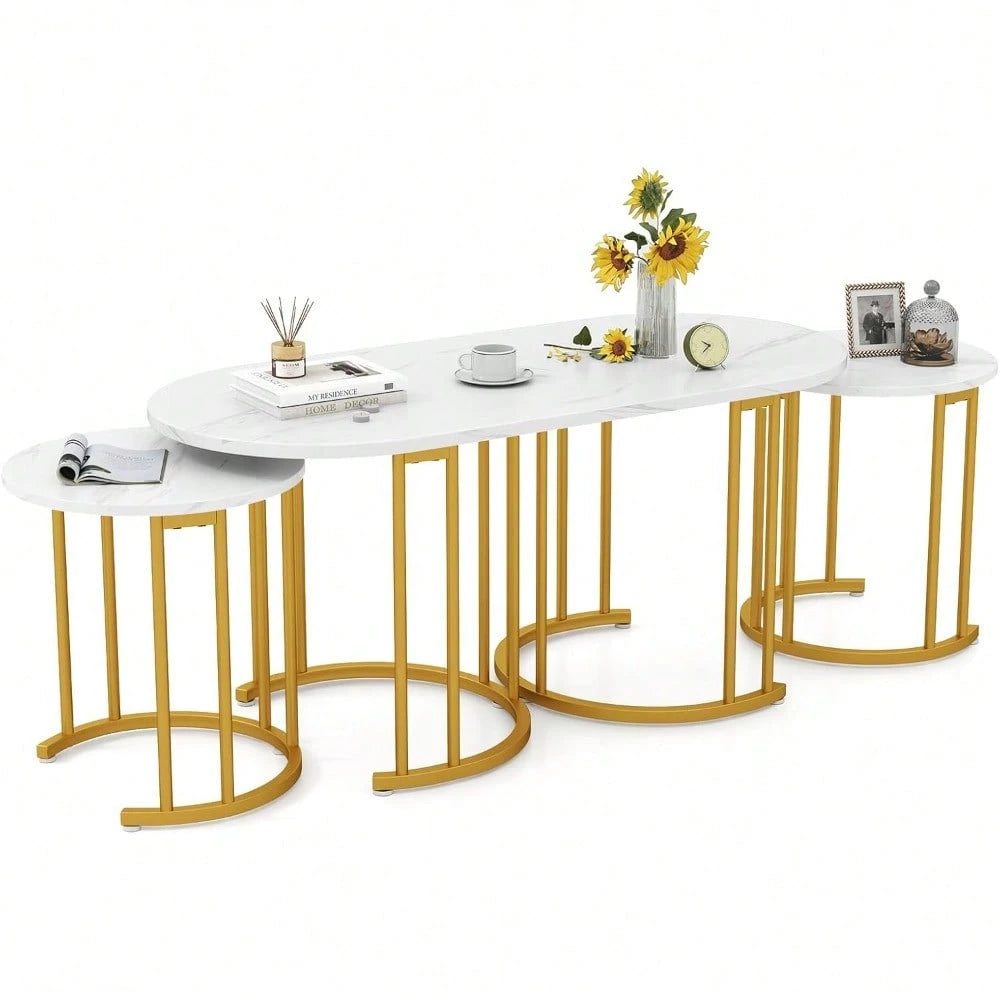 Nesting Coffee Table Set Of 3, Living Room Table Set, White| Stacking Side Tables, Oval Coffee Table,2 Round End Tables, 3-Piece Modern Living Room Tables For Apartment