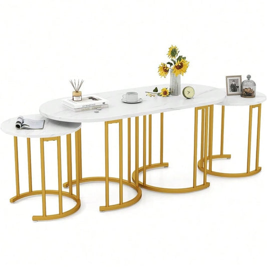 Nesting Coffee Table Set Of 3, Living Room Table Set, White| Stacking Side Tables, Oval Coffee Table,2 Round End Tables, 3-Piece Modern Living Room Tables For Apartment
