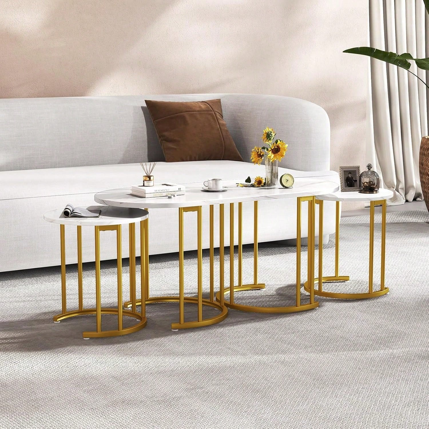 Nesting Coffee Table Set Of 3, Living Room Table Set, White| Stacking Side Tables, Oval Coffee Table,2 Round End Tables, 3-Piece Modern Living Room Tables For Apartment