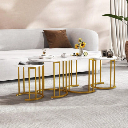 Nesting Coffee Table Set Of 3, Living Room Table Set, White| Stacking Side Tables, Oval Coffee Table,2 Round End Tables, 3-Piece Modern Living Room Tables For Apartment