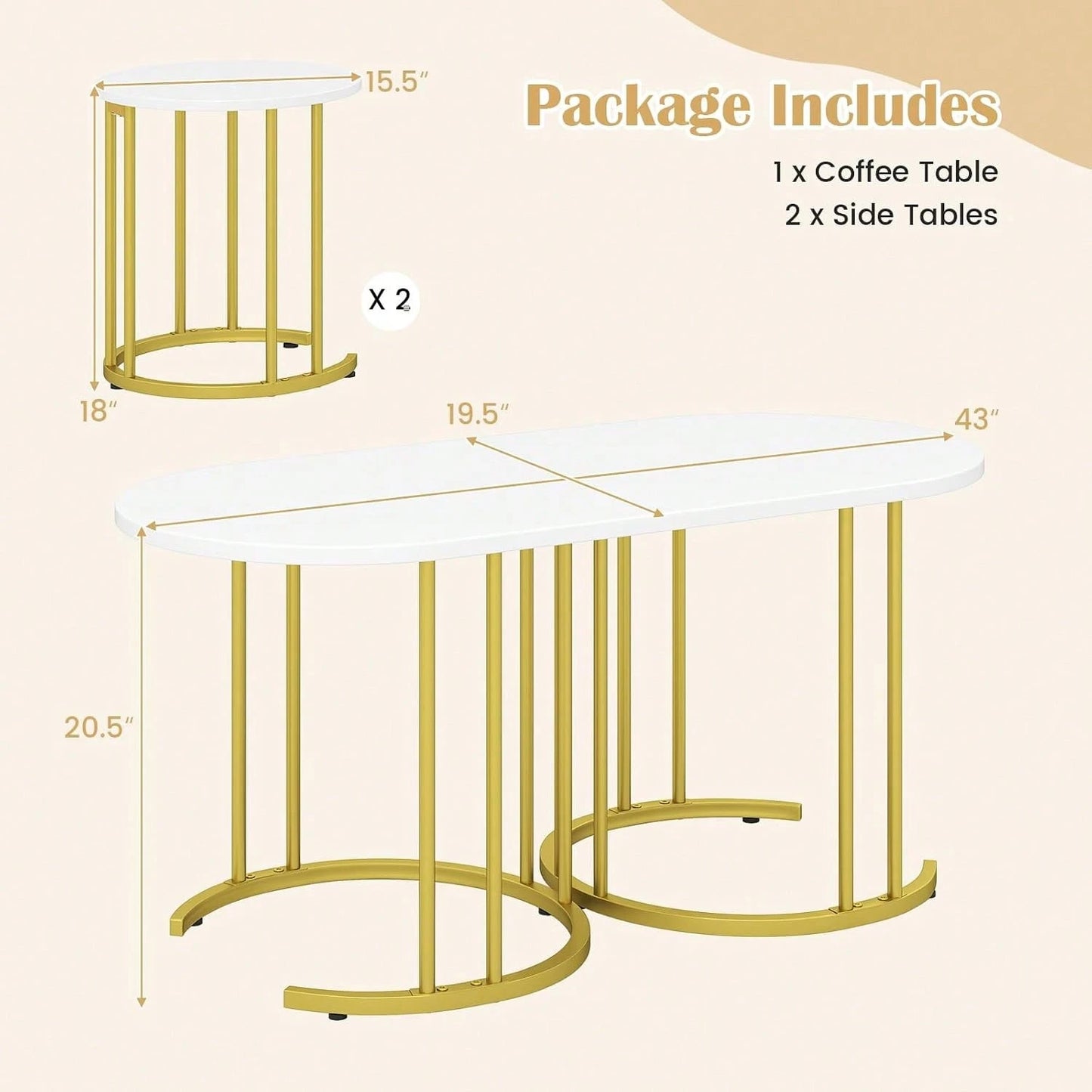 Nesting Coffee Table Set Of 3, Living Room Table Set, White| Stacking Side Tables, Oval Coffee Table,2 Round End Tables, 3-Piece Modern Living Room Tables For Apartment