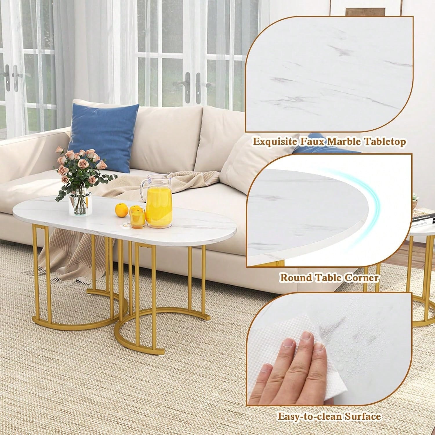 Nesting Coffee Table Set Of 3, Living Room Table Set, White| Stacking Side Tables, Oval Coffee Table,2 Round End Tables, 3-Piece Modern Living Room Tables For Apartment