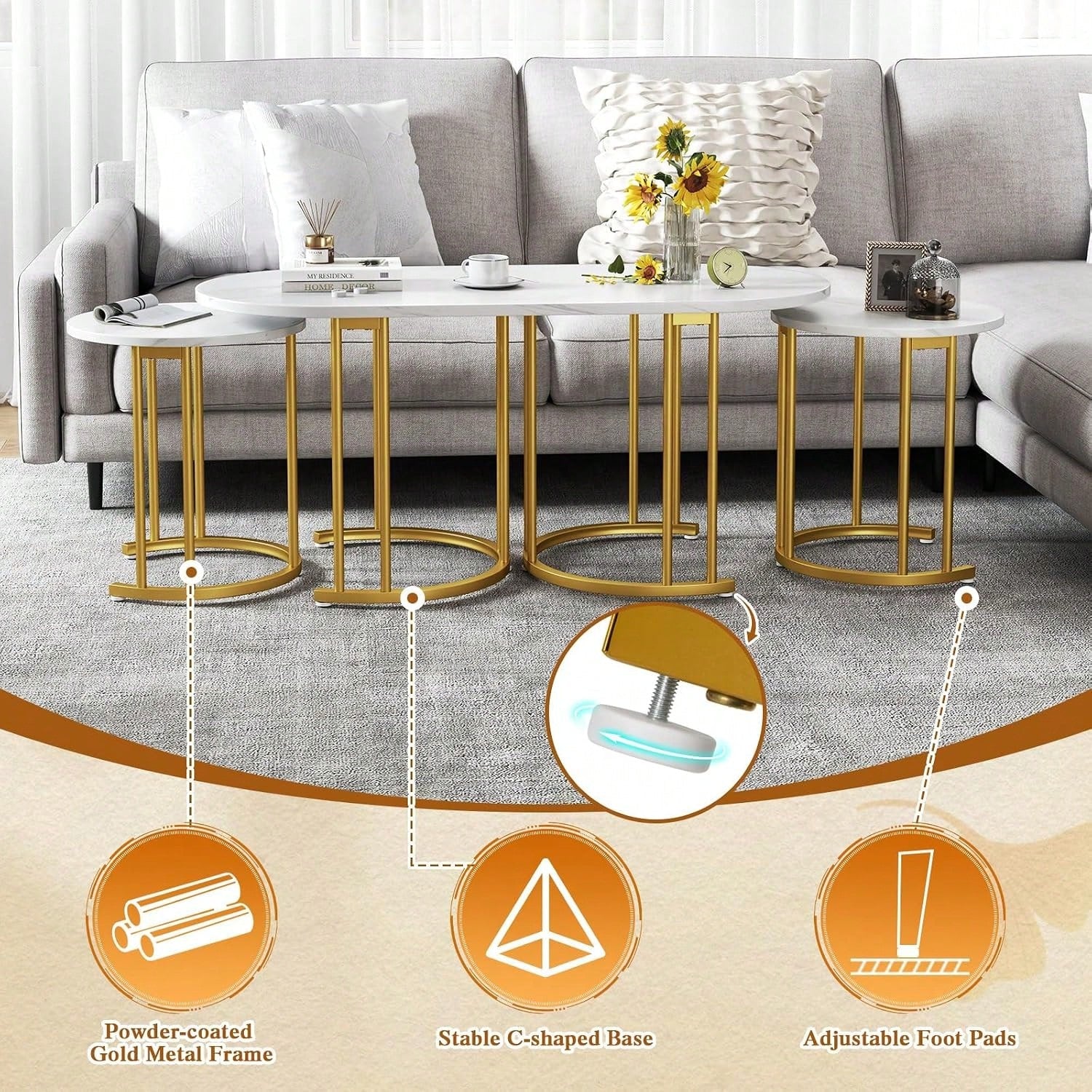 Nesting Coffee Table Set Of 3, Living Room Table Set, White| Stacking Side Tables, Oval Coffee Table,2 Round End Tables, 3-Piece Modern Living Room Tables For Apartment