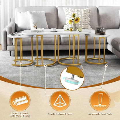 Nesting Coffee Table Set Of 3, Living Room Table Set, White| Stacking Side Tables, Oval Coffee Table,2 Round End Tables, 3-Piece Modern Living Room Tables For Apartment
