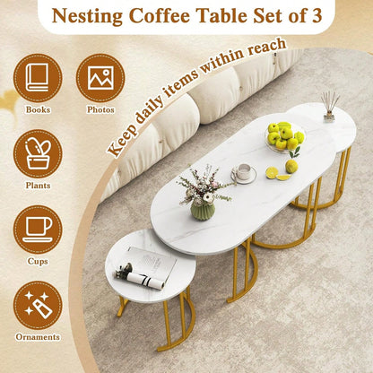 Nesting Coffee Table Set Of 3, Living Room Table Set, White| Stacking Side Tables, Oval Coffee Table,2 Round End Tables, 3-Piece Modern Living Room Tables For Apartment