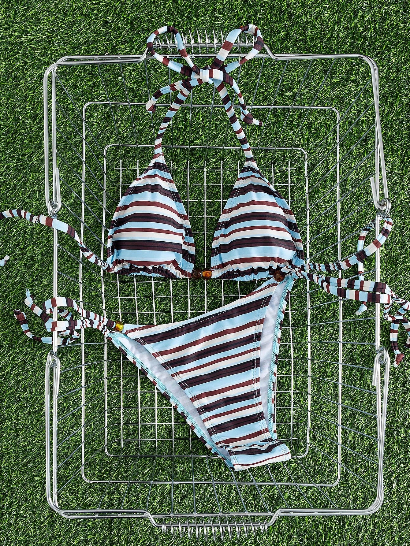 New Arrival European And American Women's Fashion Contrast Color Striped Spaghetti Strap Bow Bikini Set, Including Triangle Top And Bottom Vacation Beach Summer