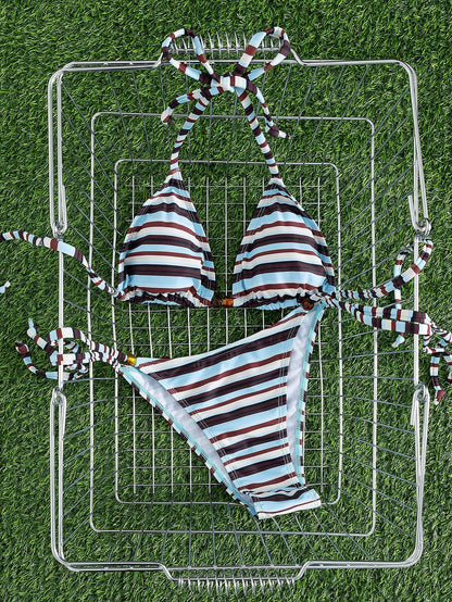 New Arrival European And American Women's Fashion Contrast Color Striped Spaghetti Strap Bow Bikini Set, Including Triangle Top And Bottom Vacation Beach Summer