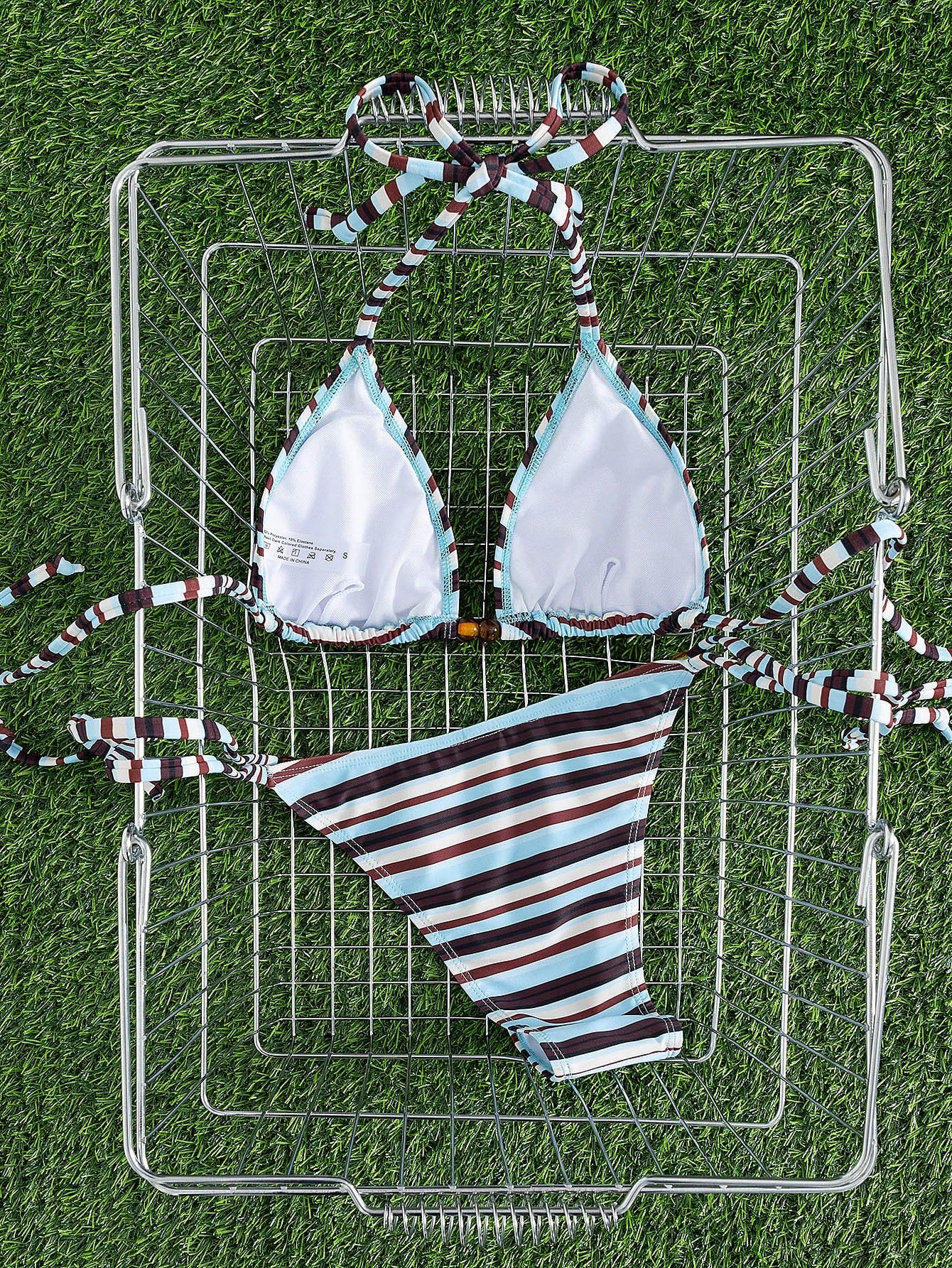 New Arrival European And American Women's Fashion Contrast Color Striped Spaghetti Strap Bow Bikini Set, Including Triangle Top And Bottom Vacation Beach Summer