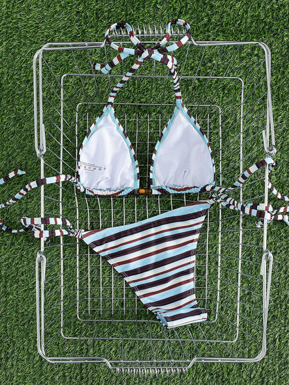 New Arrival European And American Women's Fashion Contrast Color Striped Spaghetti Strap Bow Bikini Set, Including Triangle Top And Bottom Vacation Beach Summer