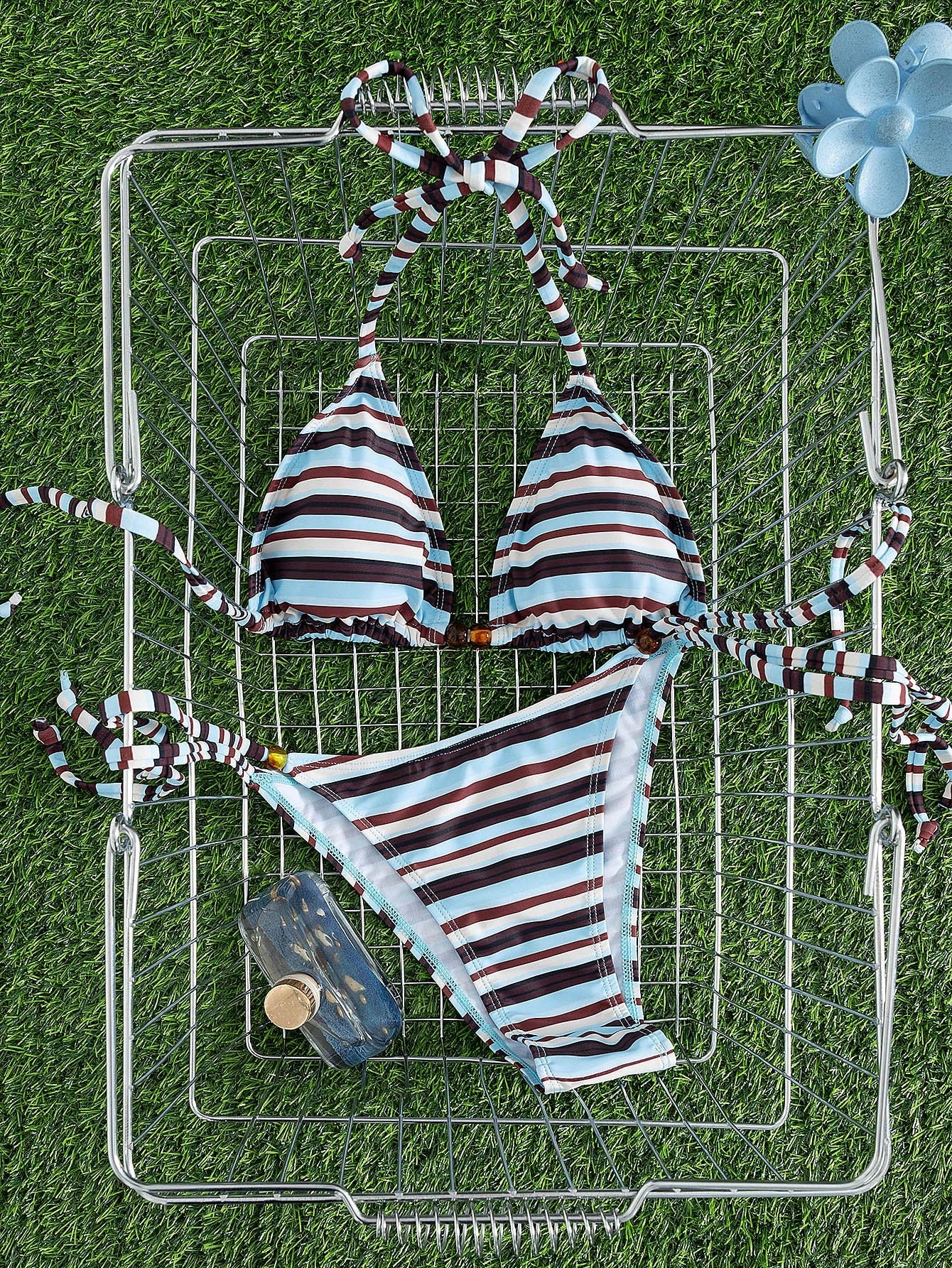 New Arrival European And American Women's Fashion Contrast Color Striped Spaghetti Strap Bow Bikini Set, Including Triangle Top And Bottom Vacation Beach Summer
