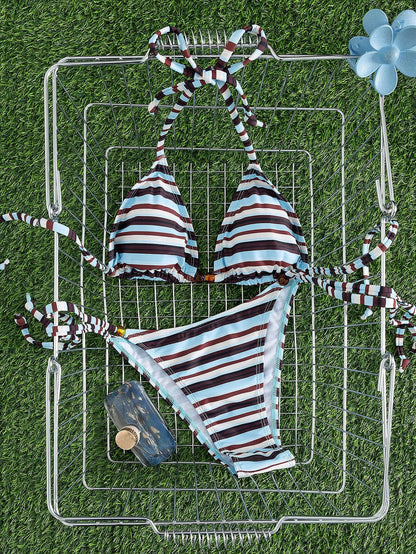 New Arrival European And American Women's Fashion Contrast Color Striped Spaghetti Strap Bow Bikini Set, Including Triangle Top And Bottom Vacation Beach Summer