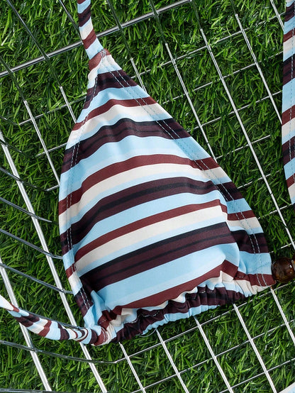 New Arrival European And American Women's Fashion Contrast Color Striped Spaghetti Strap Bow Bikini Set, Including Triangle Top And Bottom Vacation Beach Summer