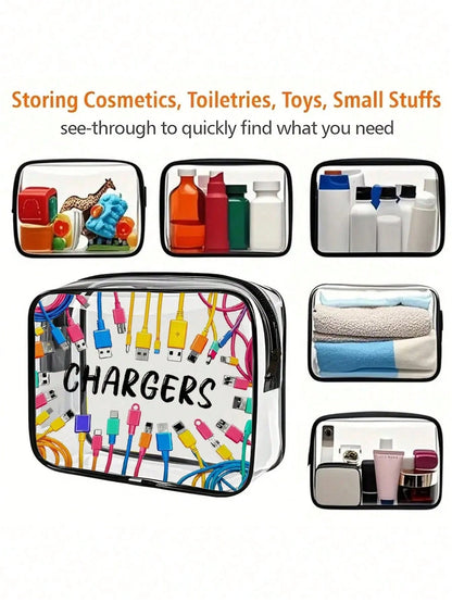 New Arrival: Exclusive Charging Device Storage Bag- Transparent Toiletry Bag, Travel Essential, Portable Zippered Cosmetic Bag, Beach Transparent PVC Toiletry Bag, Waterproof Storage Pouch, Transpare