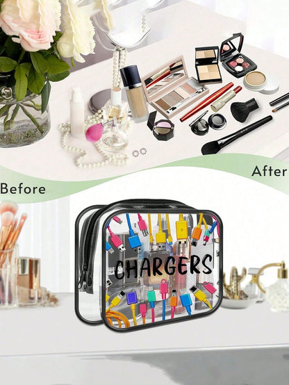 New Arrival: Exclusive Charging Device Storage Bag- Transparent Toiletry Bag, Travel Essential, Portable Zippered Cosmetic Bag, Beach Transparent PVC Toiletry Bag, Waterproof Storage Pouch, Transpare