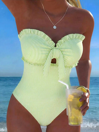 New Arrival Fashion Printed Lace Ruffled Halter Removable Strap One-Piece Swimsuit For Beach & Pool Party Vacation Summer, Resort Wear