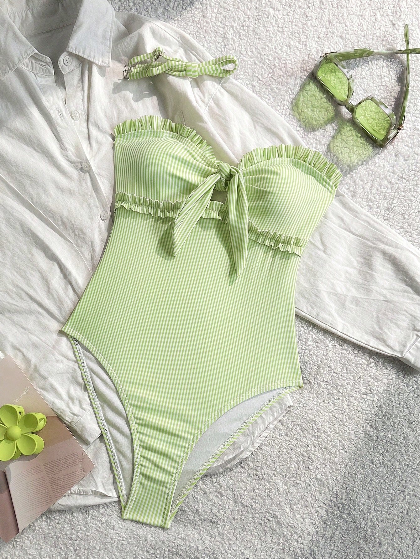 New Arrival Fashion Printed Lace Ruffled Halter Removable Strap One-Piece Swimsuit For Beach & Pool Party Vacation Summer, Resort Wear