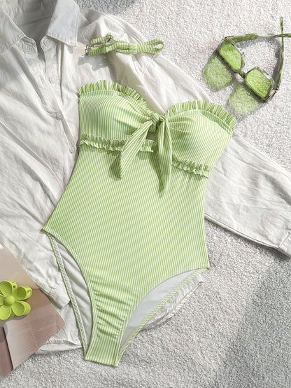 New Arrival Fashion Printed Lace Ruffled Halter Removable Strap One-Piece Swimsuit For Beach & Pool Party Vacation Summer, Resort Wear