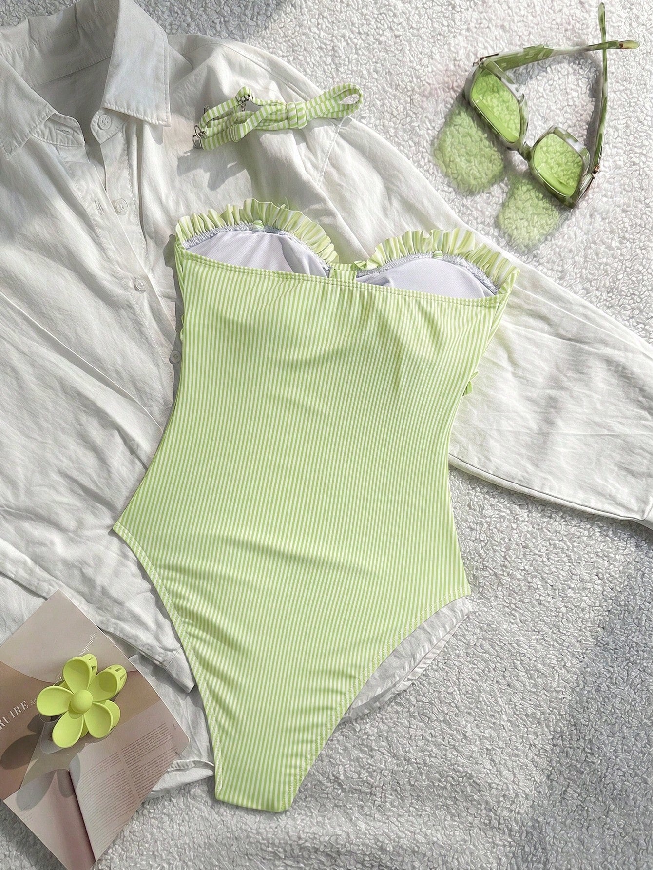 New Arrival Fashion Printed Lace Ruffled Halter Removable Strap One-Piece Swimsuit For Beach & Pool Party Vacation Summer, Resort Wear