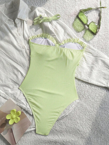 New Arrival Fashion Printed Lace Ruffled Halter Removable Strap One-Piece Swimsuit For Beach & Pool Party Vacation Summer, Resort Wear