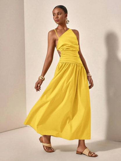 New Arrival Spring/Summer Casual Vacation Asymmetric Hollow-Out Backless Cross-Tied Long Dress,Business Casual Woman