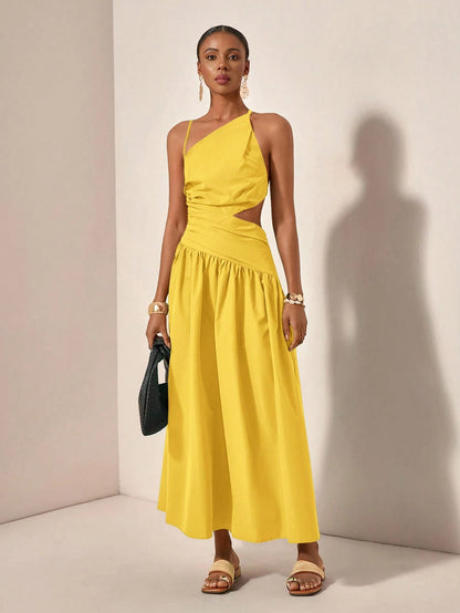New Arrival Spring/Summer Casual Vacation Asymmetric Hollow-Out Backless Cross-Tied Long Dress,Business Casual Woman
