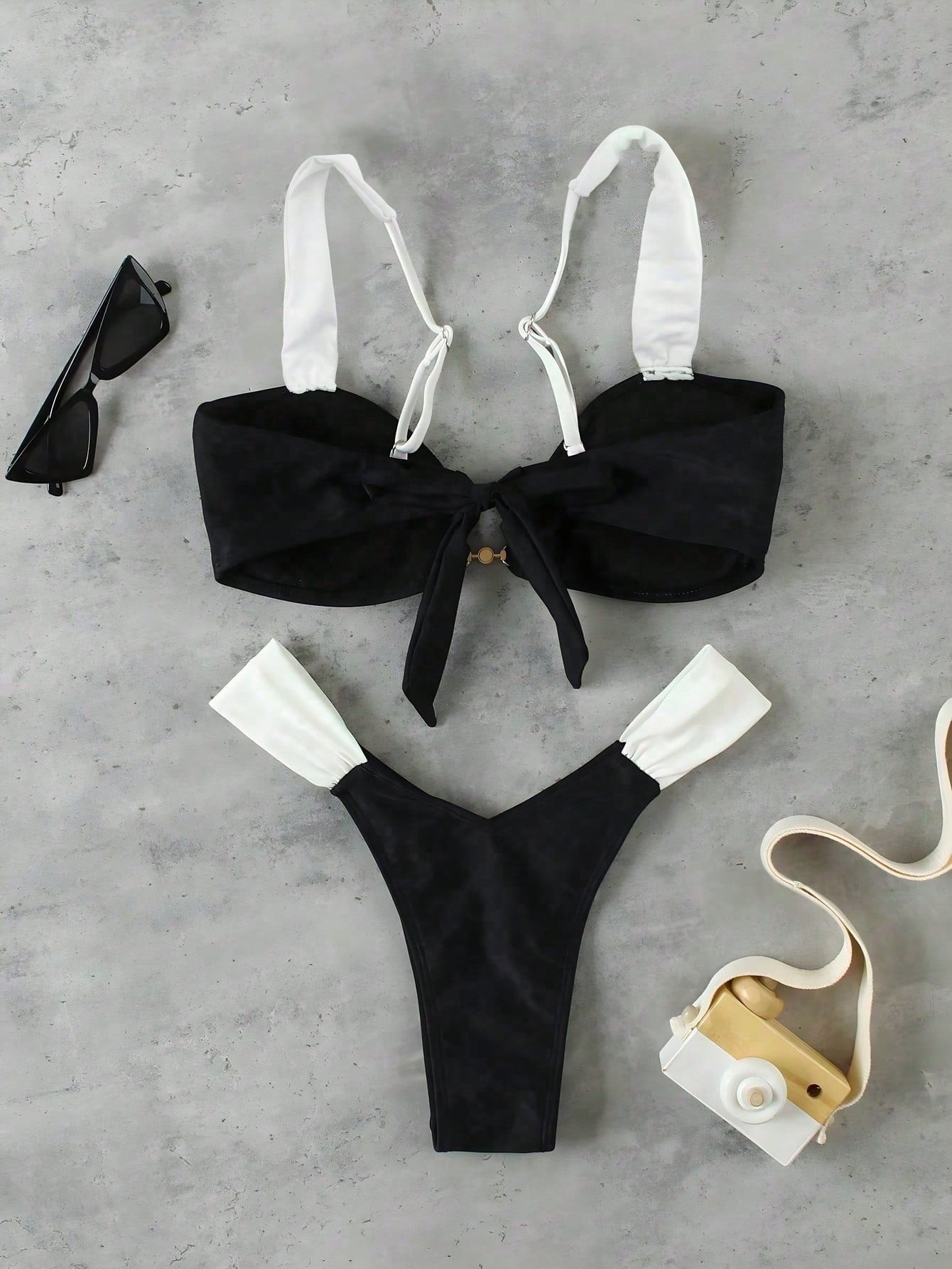 New Arrival Spring/Summer Luxury Elegant Casual Sexy Bikini Set, Color Block Design With Metal Ring Decor, Suitable For Beach, Vacation, Party