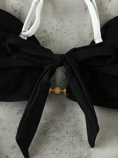 New Arrival Spring/Summer Luxury Elegant Casual Sexy Bikini Set, Color Block Design With Metal Ring Decor, Suitable For Beach, Vacation, Party