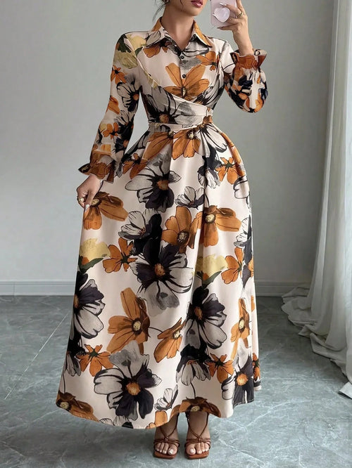 New Autumn Floral Print One-Piece Dress, Elegant Casual Hollow Waist Belt, Suitable For Daily Wear, Vacation, Gathering, And Dating