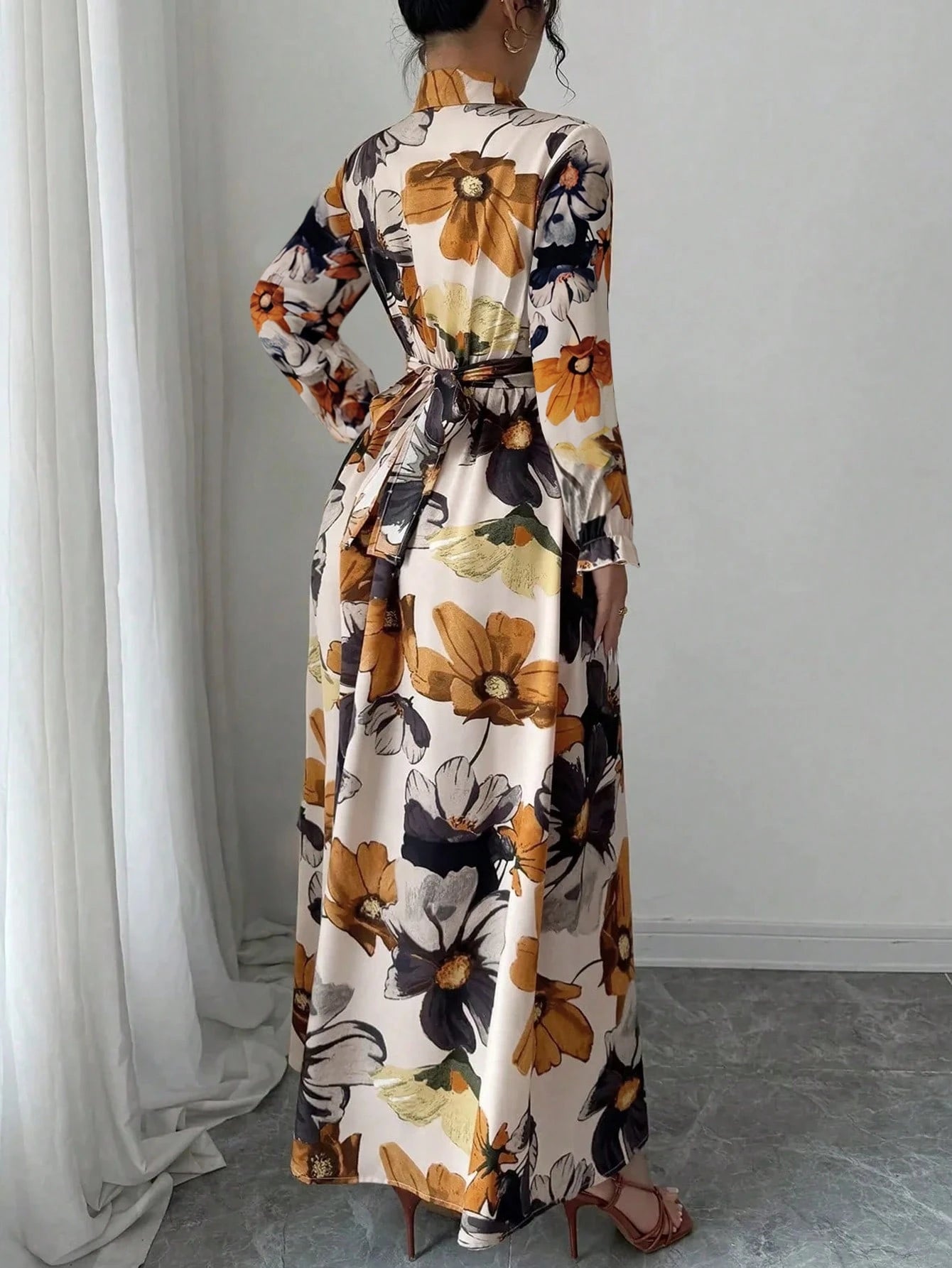 New Autumn Floral Print One-Piece Dress, Elegant Casual Hollow Waist Belt, Suitable For Daily Wear, Vacation, Gathering, And Dating