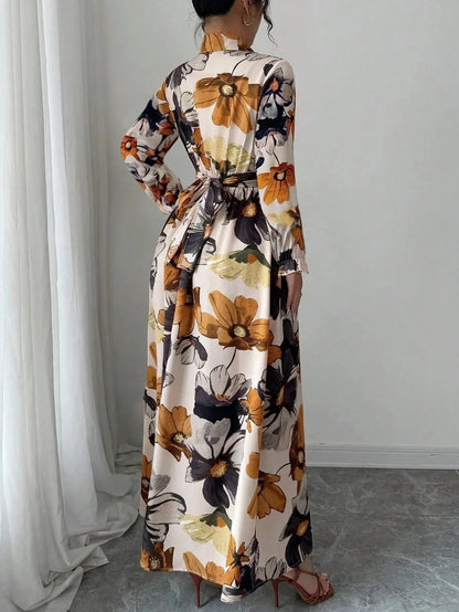 New Autumn Floral Print One-Piece Dress, Elegant Casual Hollow Waist Belt, Suitable For Daily Wear, Vacation, Gathering, And Dating