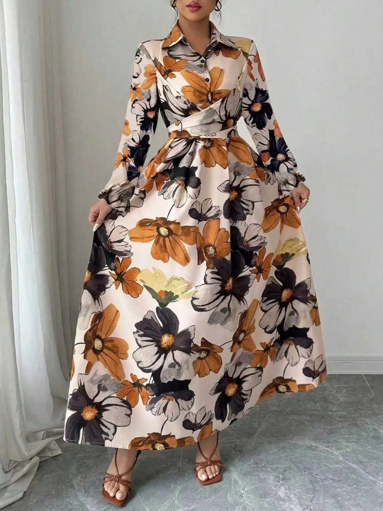 New Autumn Floral Print One-Piece Dress, Elegant Casual Hollow Waist Belt, Suitable For Daily Wear, Vacation, Gathering, And Dating