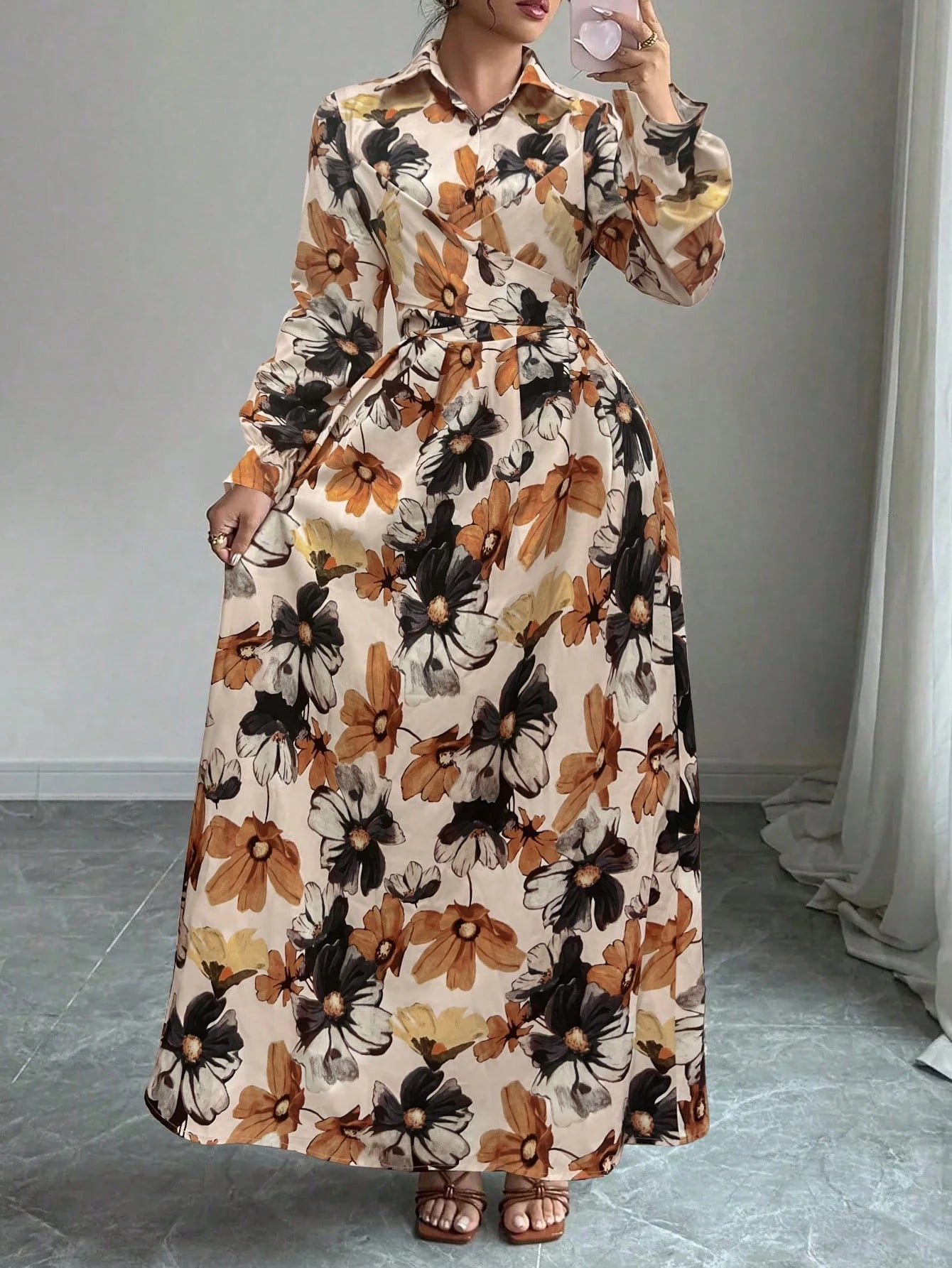 New Autumn Floral Print One-Piece Dress, Elegant Casual Hollow Waist Belt, Suitable For Daily Wear, Vacation, Gathering, And Dating