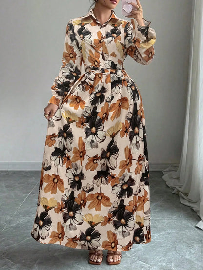 New Autumn Floral Print One-Piece Dress, Elegant Casual Hollow Waist Belt, Suitable For Daily Wear, Vacation, Gathering, And Dating