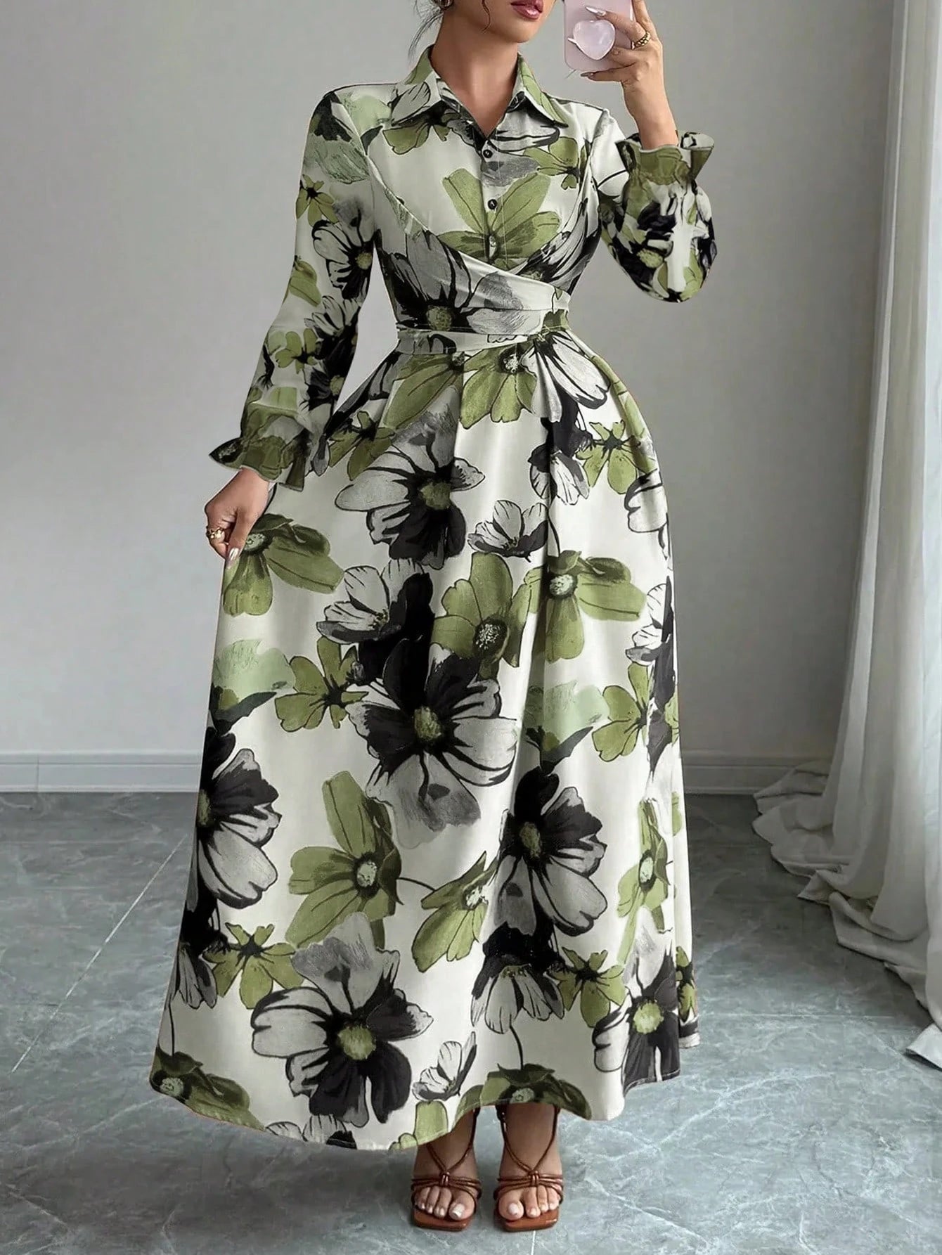 New Autumn Floral Print One-Piece Dress, Elegant Casual Hollow Waist Belt, Suitable For Daily Wear, Vacation, Gathering, And Dating