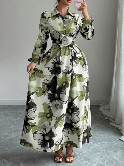 New Autumn Floral Print One-Piece Dress, Elegant Casual Hollow Waist Belt, Suitable For Daily Wear, Vacation, Gathering, And Dating