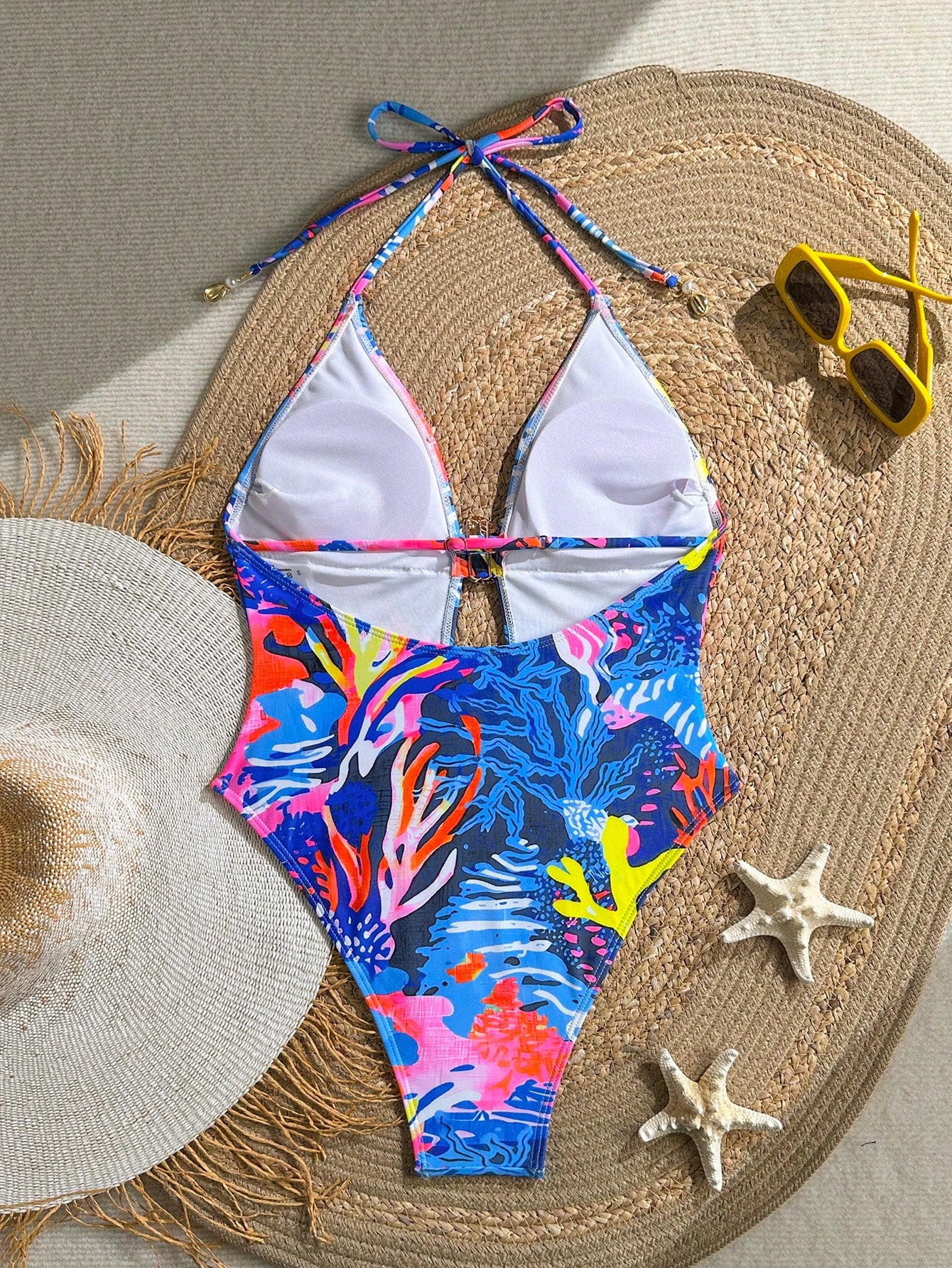 New Beach Swimming Pool Vacation Fashionable Sexy Marine Plant Printing Metal Oyster Accessories Tie Rope Neck Hanging One-Piece Swimsuit Women Summer