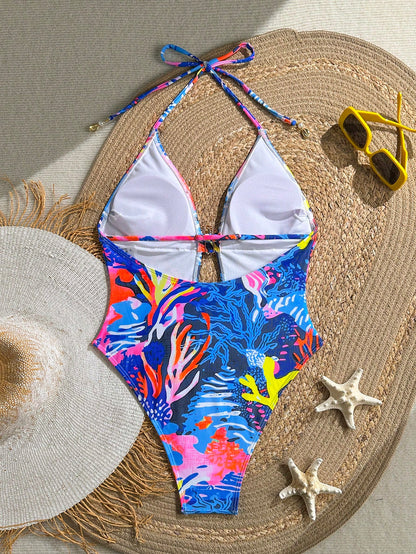 New Beach Swimming Pool Vacation Fashionable Sexy Marine Plant Printing Metal Oyster Accessories Tie Rope Neck Hanging One-Piece Swimsuit Women Summer