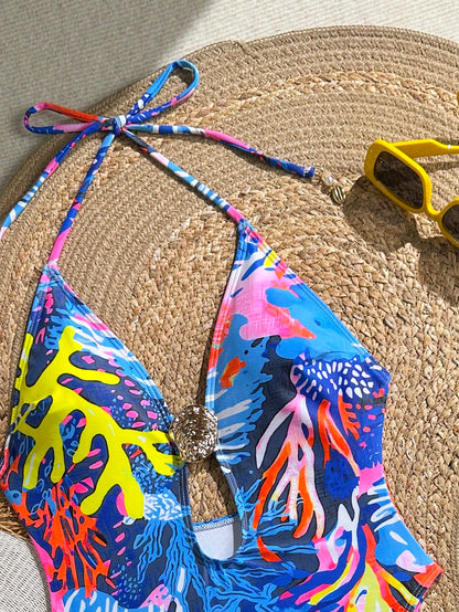 New Beach Swimming Pool Vacation Fashionable Sexy Marine Plant Printing Metal Oyster Accessories Tie Rope Neck Hanging One-Piece Swimsuit Women Summer