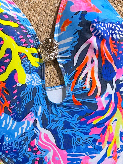 New Beach Swimming Pool Vacation Fashionable Sexy Marine Plant Printing Metal Oyster Accessories Tie Rope Neck Hanging One-Piece Swimsuit Women Summer