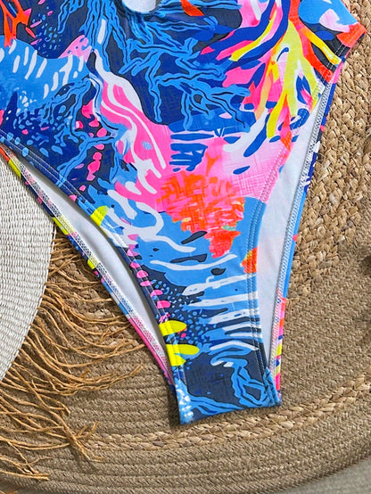 New Beach Swimming Pool Vacation Fashionable Sexy Marine Plant Printing Metal Oyster Accessories Tie Rope Neck Hanging One-Piece Swimsuit Women Summer