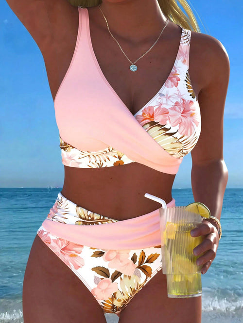New Beach, Swimming Pool, Vacation, Sexy, Elegant Plant Printed Plain Fabric, Cross Contrasting Shoulder Straps, Split Swimwear Women Summer Pink, Resort Wear