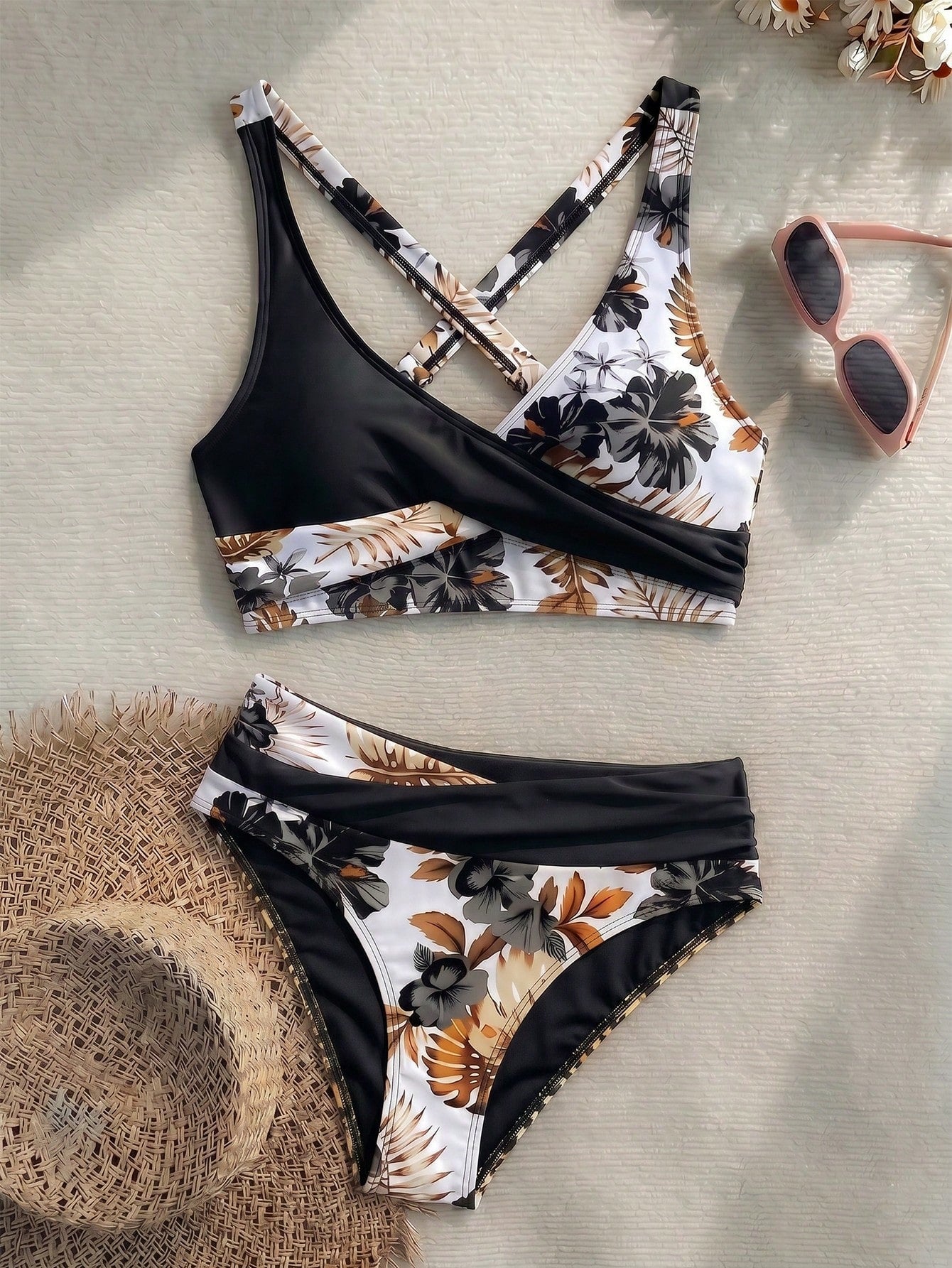 New Beach, Swimming Pool, Vacation, Sexy, Elegant Plant Printed Plain Fabric, Cross Contrasting Shoulder Straps, Split Swimwear Women Summer Black, Resort Wear